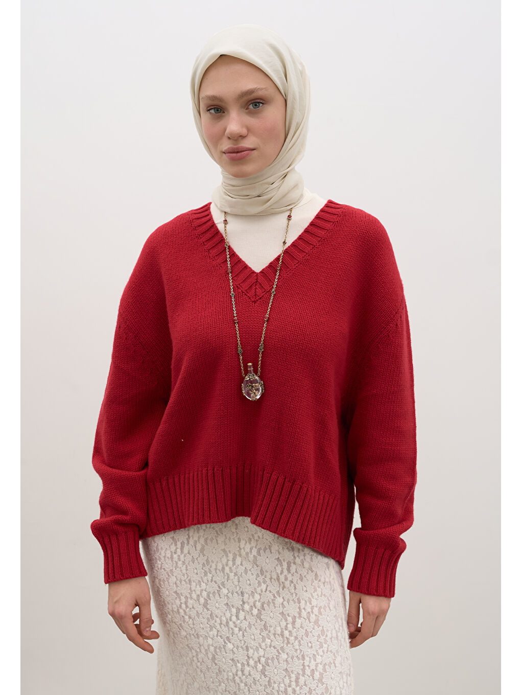 Ekru Pamuk Viskon Eşarp İnci-3