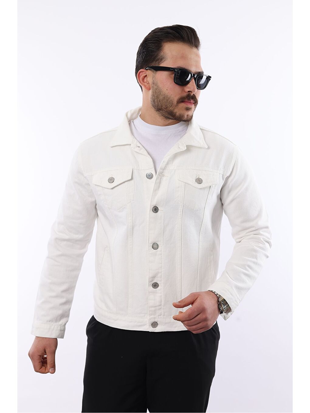 Erkek Trend Polo Yaka Slim Fit Denim Jeans Beyaz Jean Ceket-3