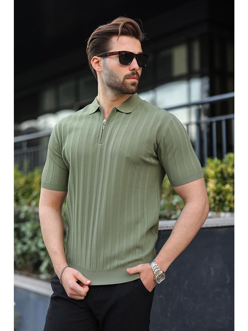 Haki Yarım Fermuarlı Polo Yaka Erkek Triko Tişört E7458