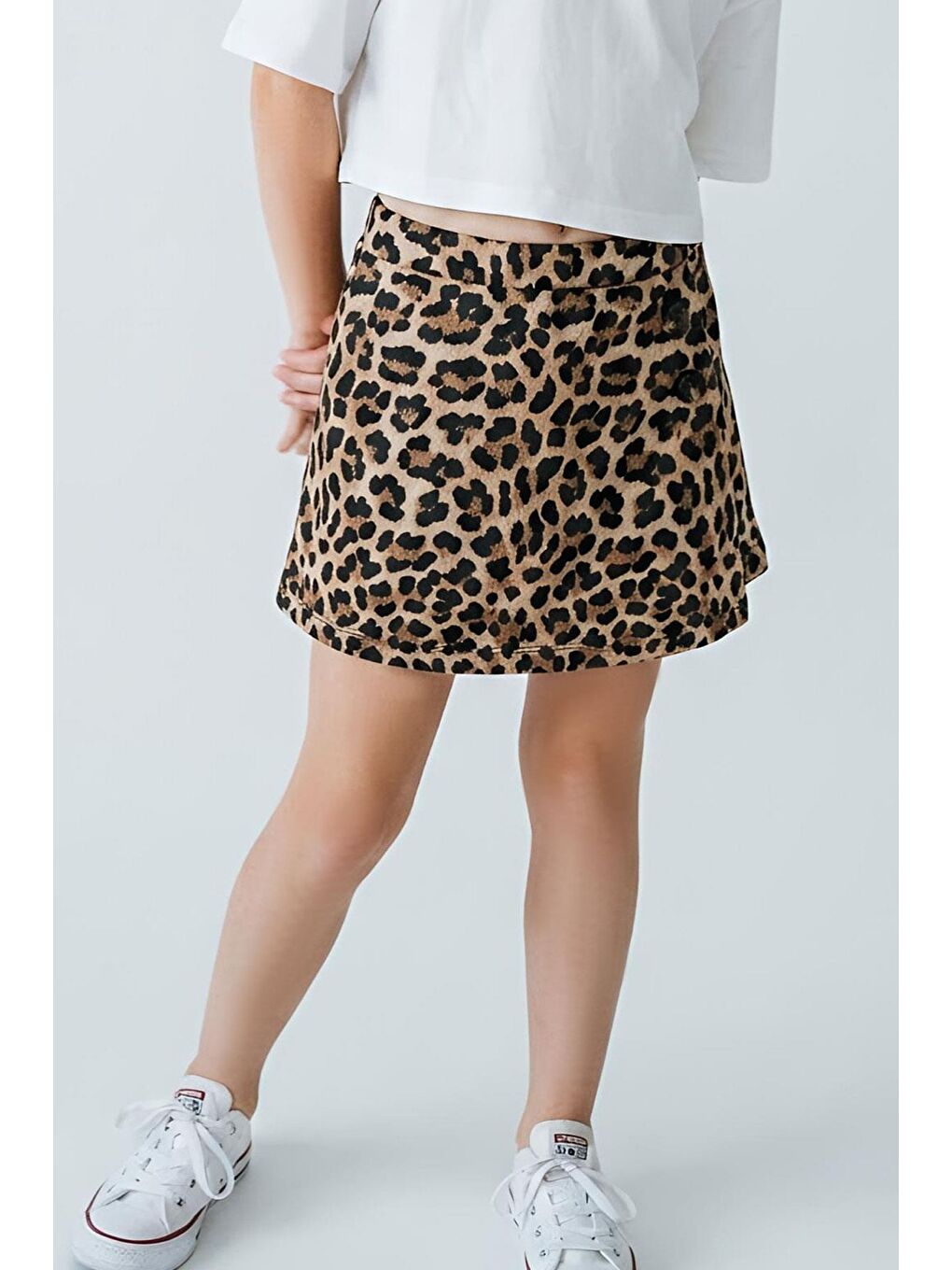 Kız Çocuk Şort Etek Leopar Desenli Düğme Aksesuarlı Kahverengi (6-12 Yaş)-2