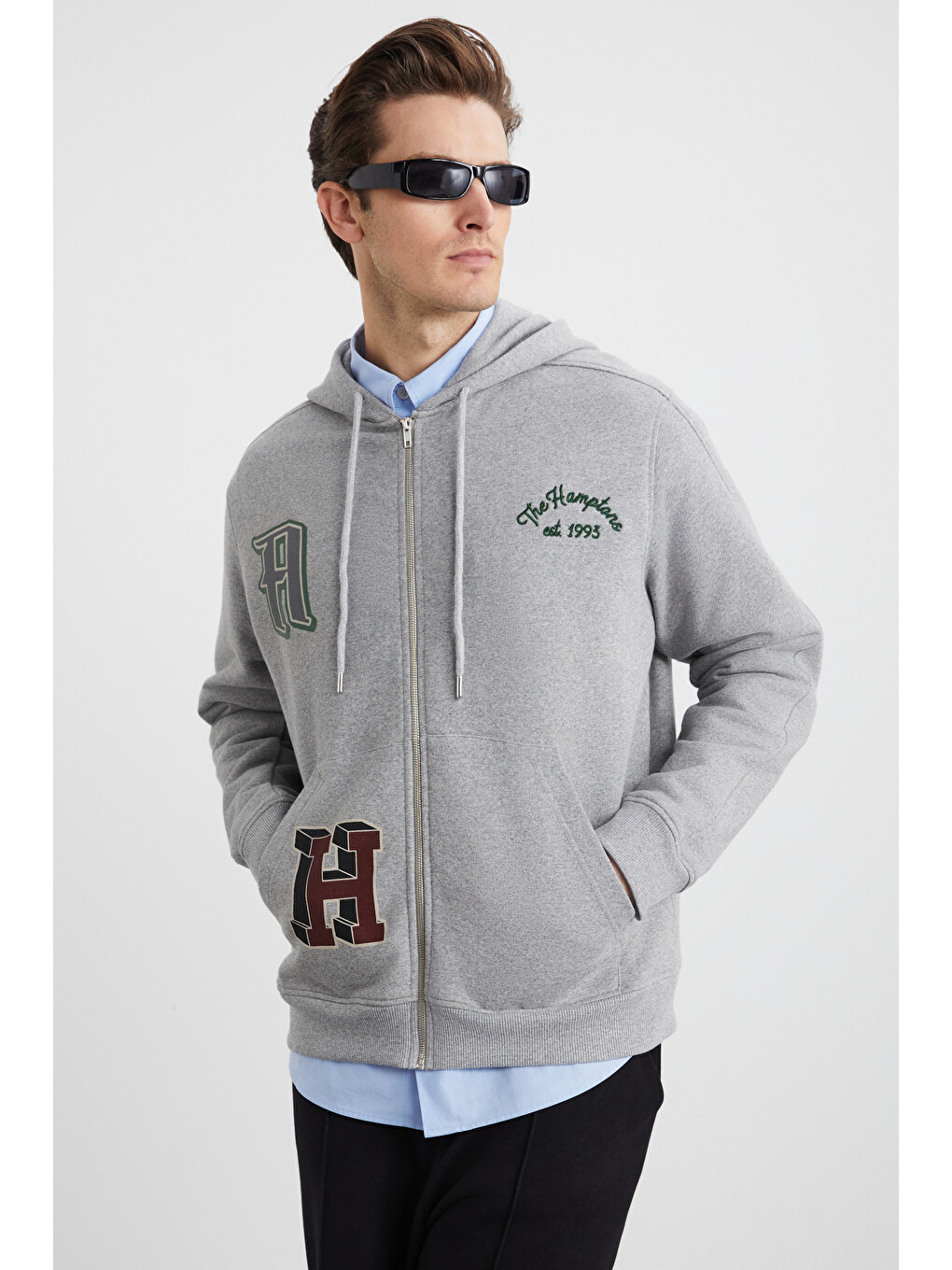 Alphabet Erkek Pamuklu Önü Baskılı Kapüşonlu Kordon Detaylı Fermuarlı Hırka Grimelanj Sweatshirt Gri-2