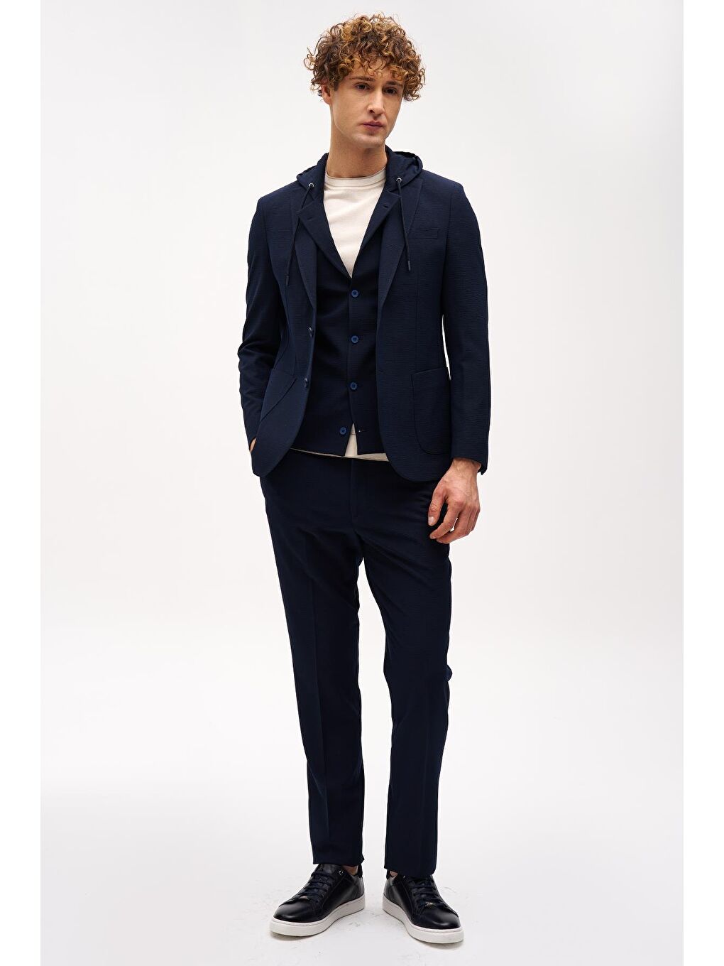 Erkek Lacivert Slim Fit / Dar Kalıp Mono Yaka Kombinli Takım Elbise-1