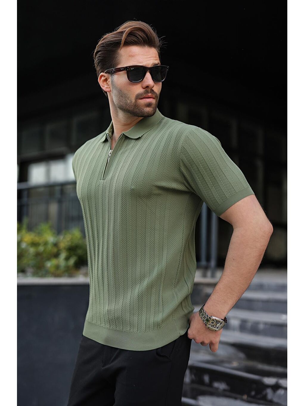 Haki Yarım Fermuarlı Polo Yaka Erkek Triko Tişört E7458-1