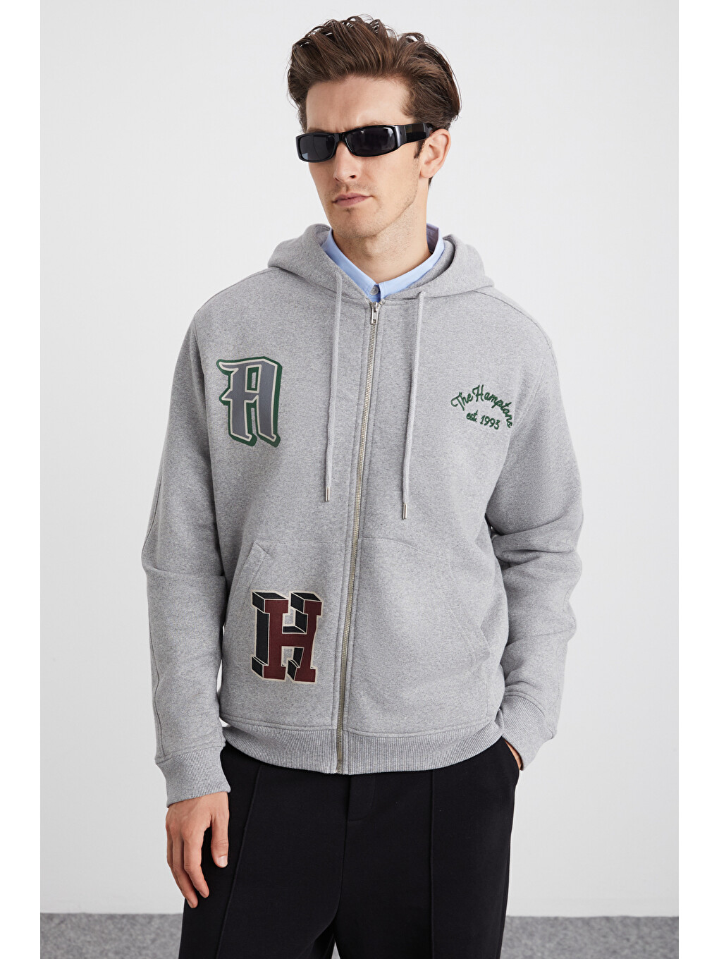 Alphabet Erkek Pamuklu Önü Baskılı Kapüşonlu Kordon Detaylı Fermuarlı Hırka Grimelanj Sweatshirt Gri-3