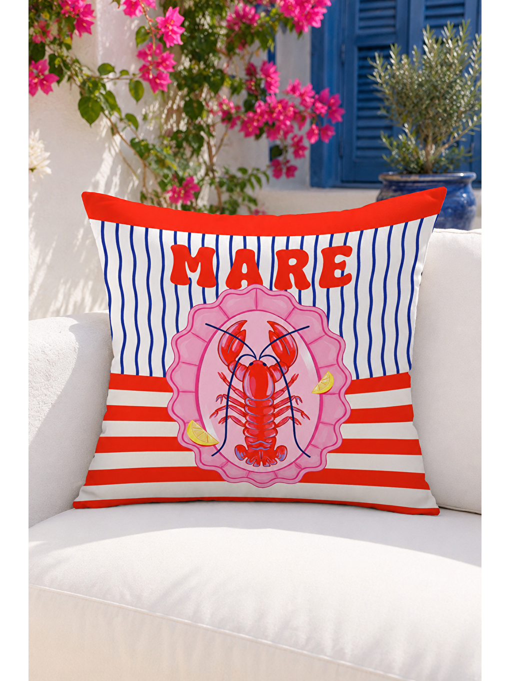 Beyaz Mare Istakoz Marin Desenli Dekoratif Kırlent Kılıfı Yazlık Akdeniz Dekoru 43x43 Cm-2