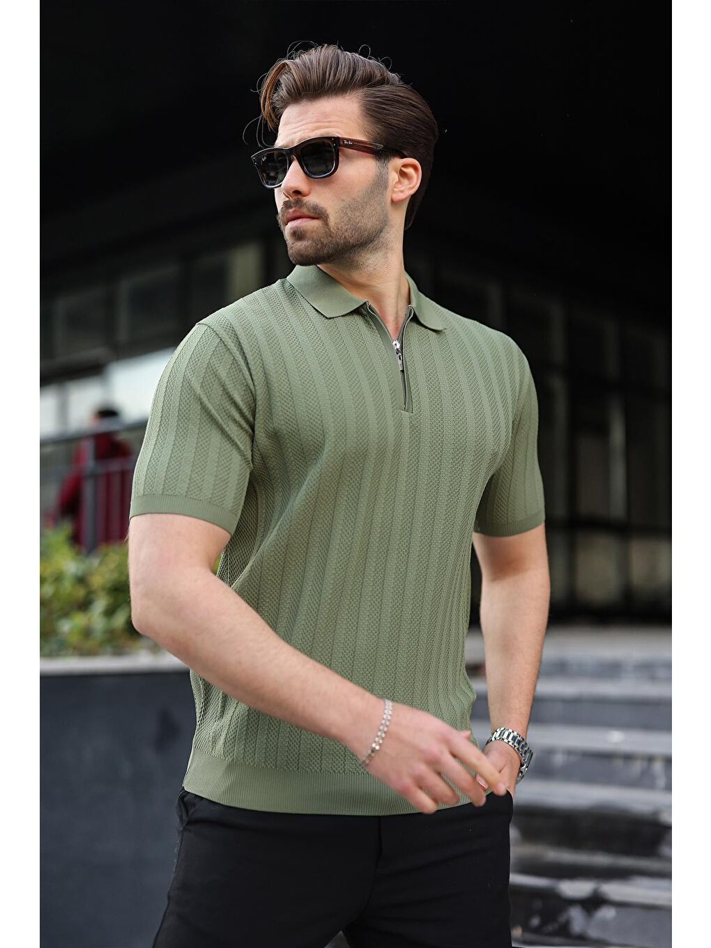 Haki Yarım Fermuarlı Polo Yaka Erkek Triko Tişört E7458-3