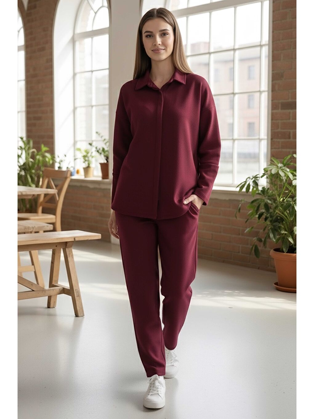 Geniş Kollu Modaal İkili Takım Bordo - 28059-BORDO-1