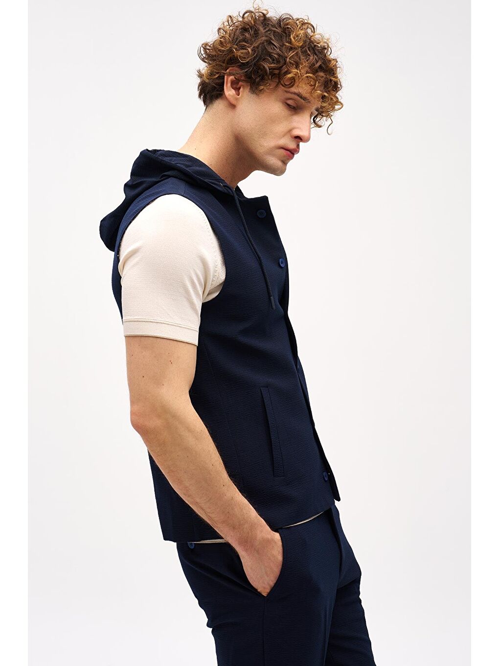 Erkek Lacivert Slim Fit / Dar Kalıp Mono Yaka Kombinli Takım Elbise-4