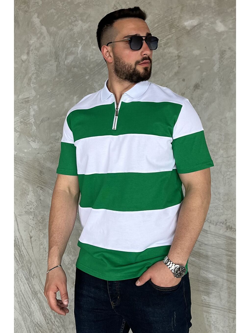 Yeşil Polo Yaka Yarım Fermuarlı Erkek Tişört-1