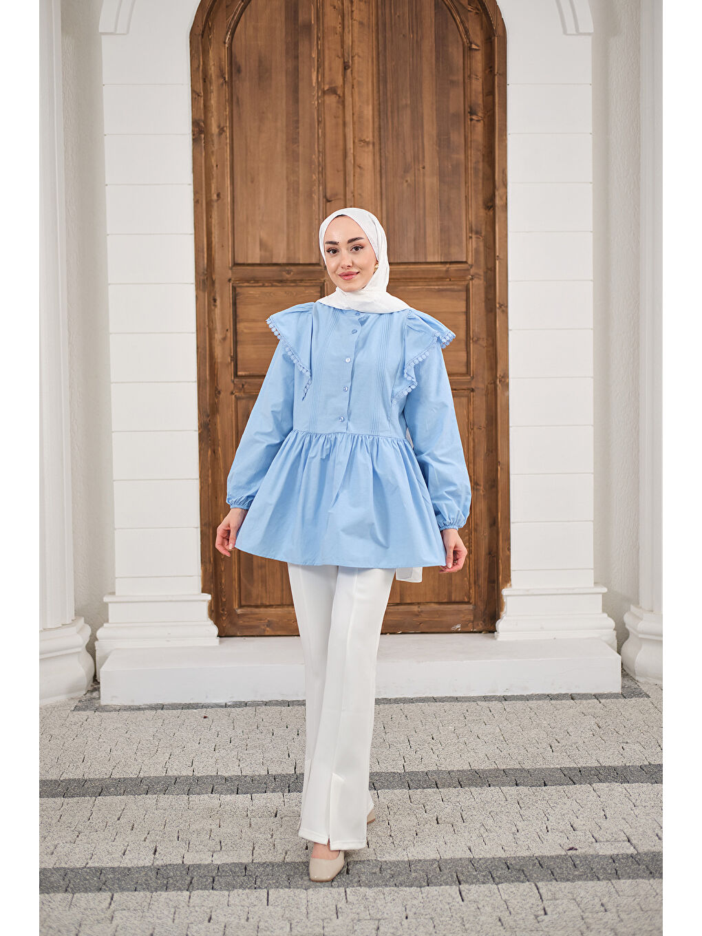 Kadın Bel Büzgülü Pile Detay Bisiklet Yaka Gömlek Bebe Mavi-1