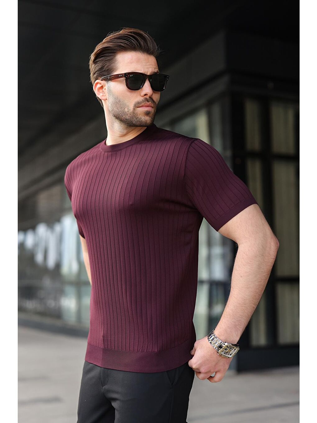 Mürdüm Bisiklet Yaka Triko Erkek Tişört E7460