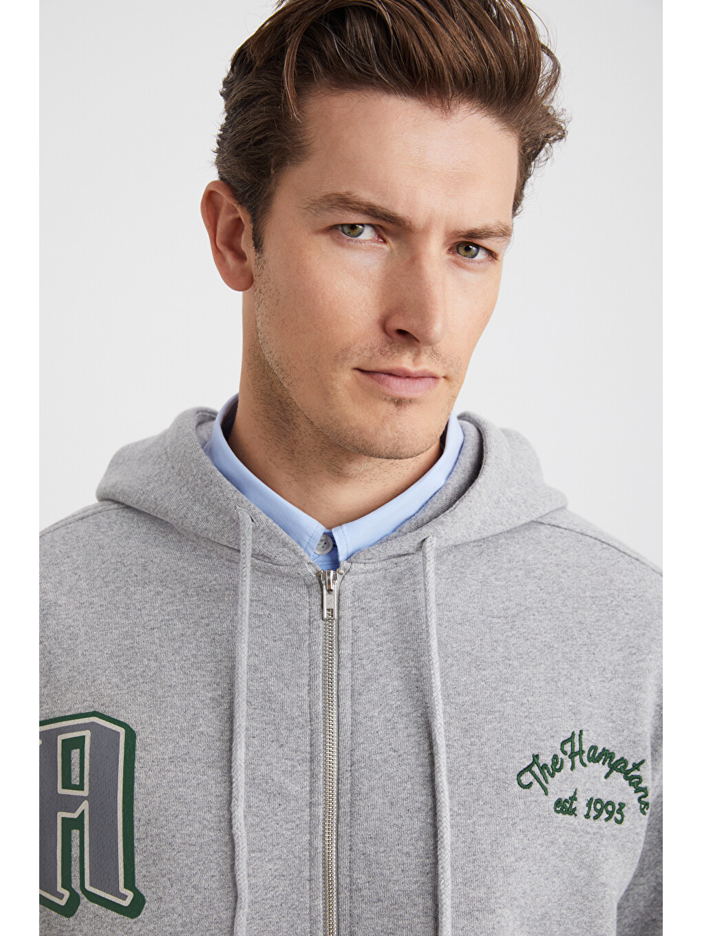 Alphabet Erkek Pamuklu Önü Baskılı Kapüşonlu Kordon Detaylı Fermuarlı Hırka Grimelanj Sweatshirt Gri-4