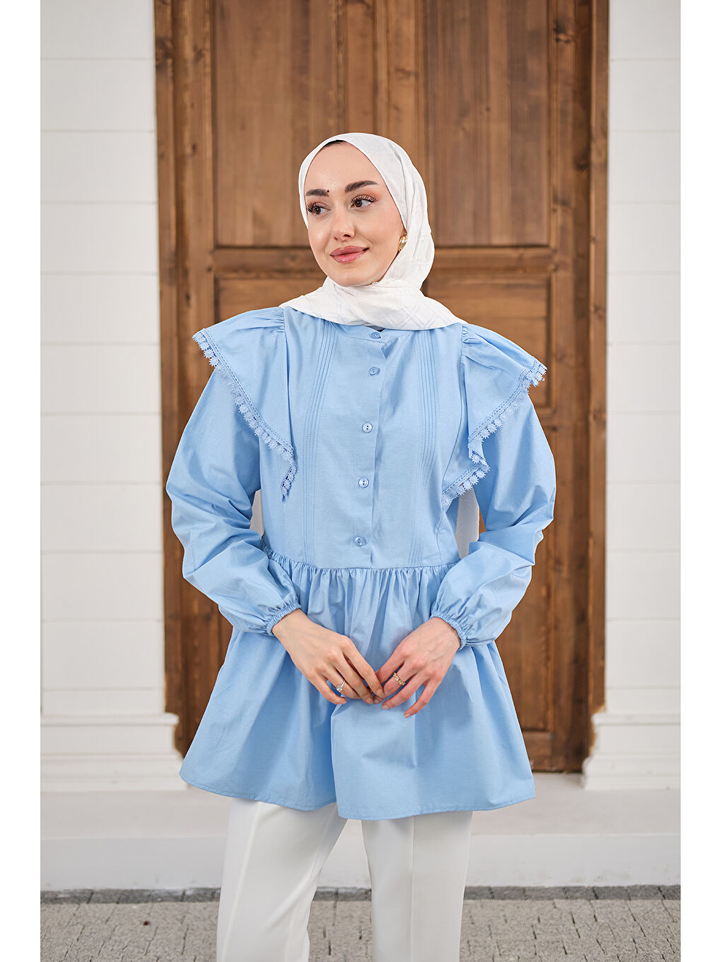 Kadın Bel Büzgülü Pile Detay Bisiklet Yaka Gömlek Bebe Mavi-2