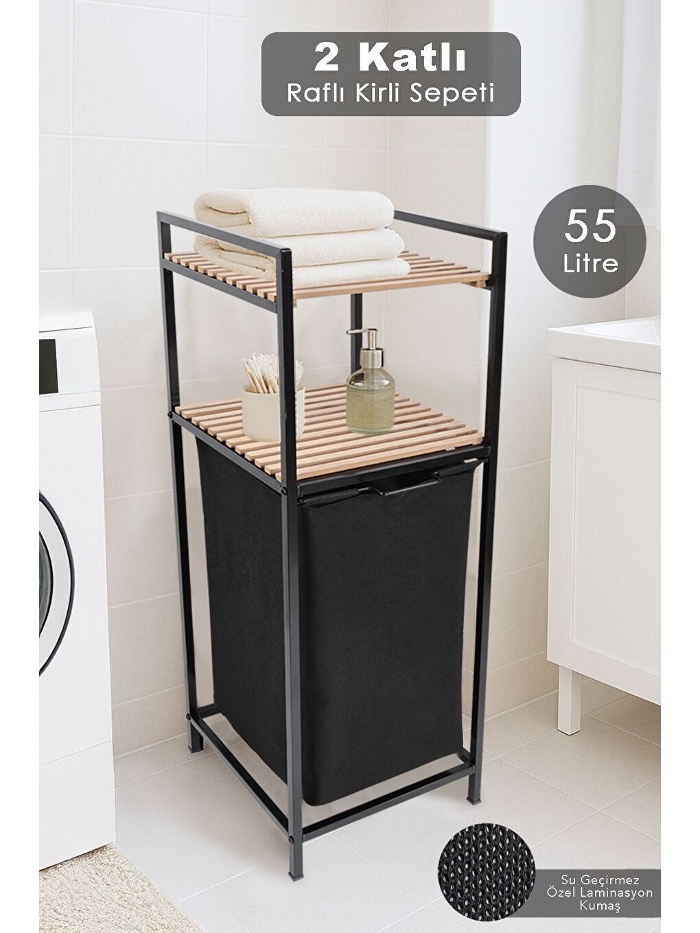 Ahşap Raflı Kirli Sepeti 2 Katlı Raflı Çamaşır Sepeti Çok Amaçlı Banyo Düzenleyici 55 Litre Siyah
