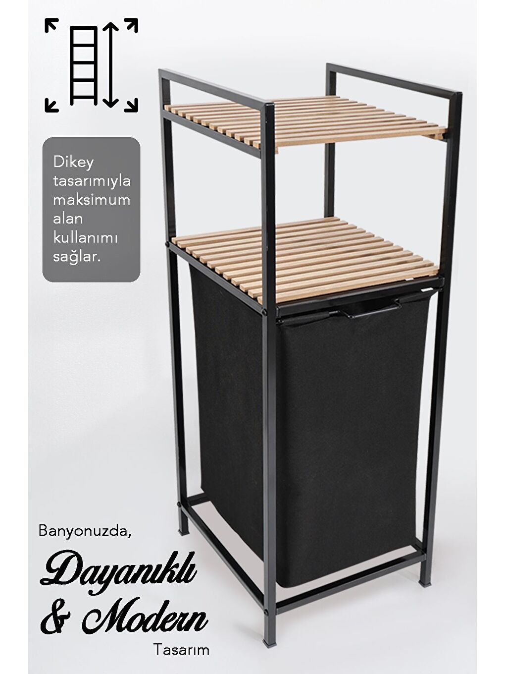 Ahşap Raflı Kirli Sepeti 2 Katlı Raflı Çamaşır Sepeti Çok Amaçlı Banyo Düzenleyici 55 Litre Siyah-1