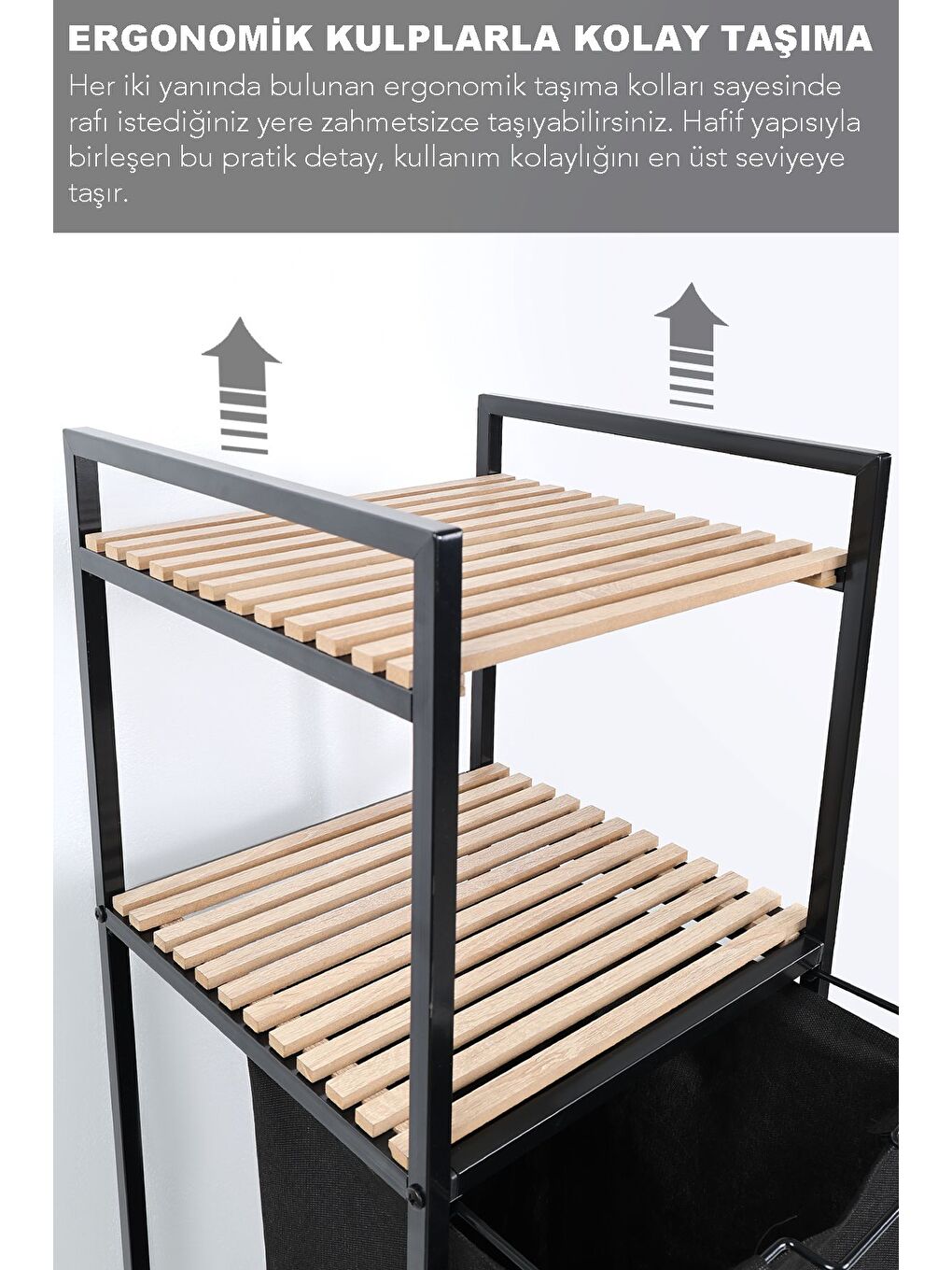 Ahşap Raflı Kirli Sepeti 2 Katlı Raflı Çamaşır Sepeti Çok Amaçlı Banyo Düzenleyici 55 Litre Siyah-3