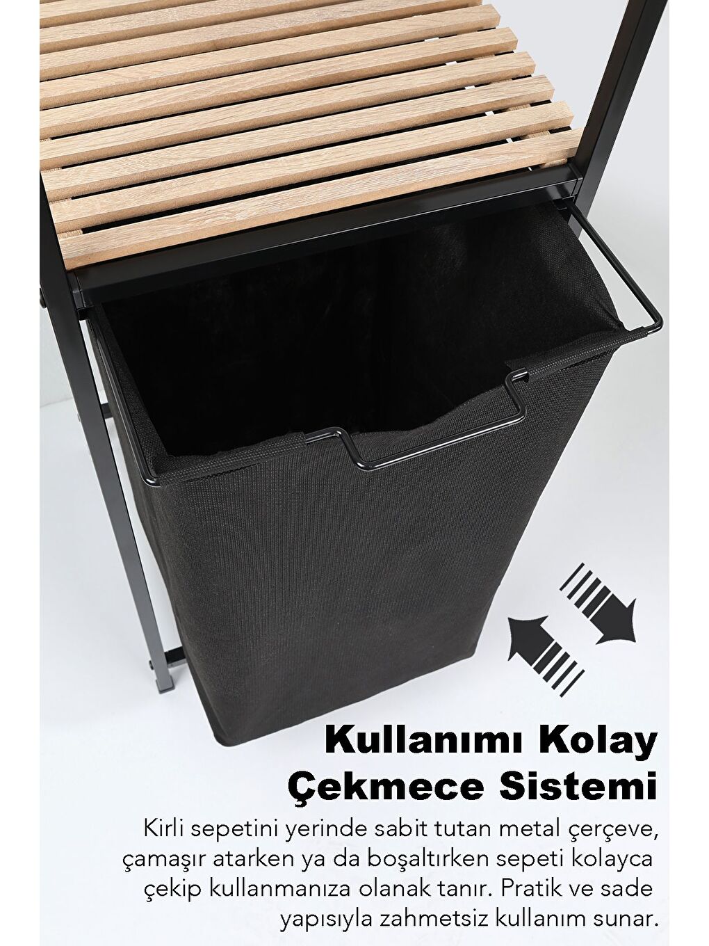 Ahşap Raflı Kirli Sepeti 2 Katlı Raflı Çamaşır Sepeti Çok Amaçlı Banyo Düzenleyici 55 Litre Siyah-4