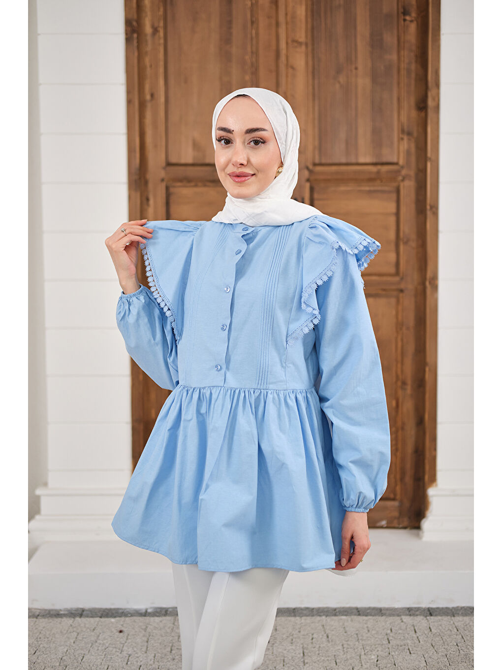 Kadın Bel Büzgülü Pile Detay Bisiklet Yaka Gömlek Bebe Mavi-3