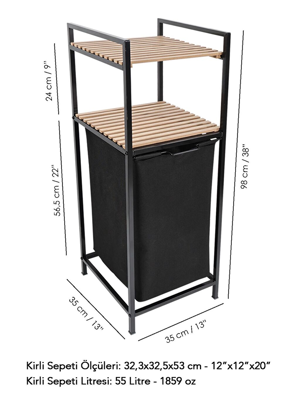 Ahşap Raflı Kirli Sepeti 2 Katlı Raflı Çamaşır Sepeti Çok Amaçlı Banyo Düzenleyici 55 Litre Siyah-7