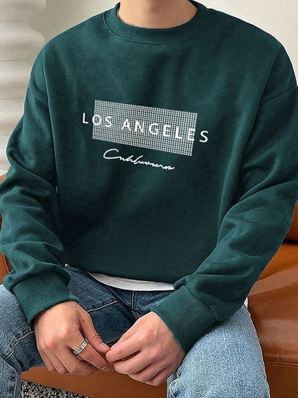 Erkek Nefti Yeşil Node Losangeles Baskılı Oversize Uzun Kollu Sweatshirt