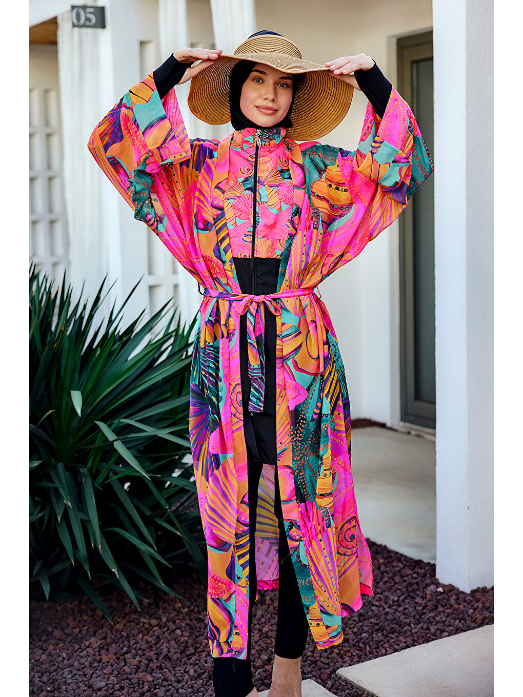 Remsa Tesettür Mayo Üzerine Tek Kaftan Kimono Pareo Pembe02 RP023 Color Shell