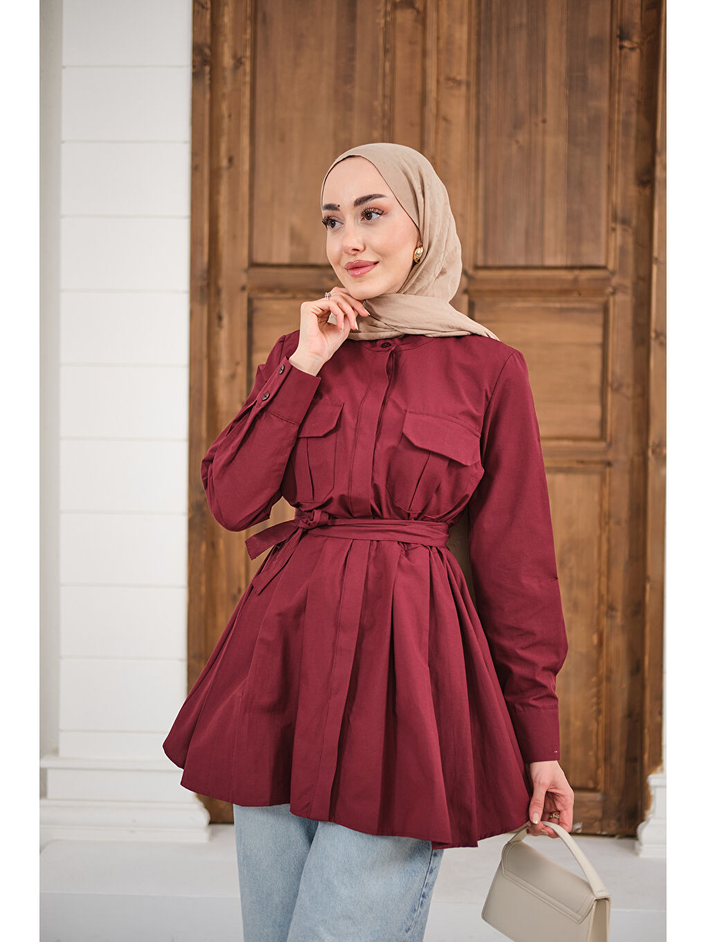 Kadın Çift Cep Detay Gizli Düğmeli Bel Bağlamalı Gömlek Bordo