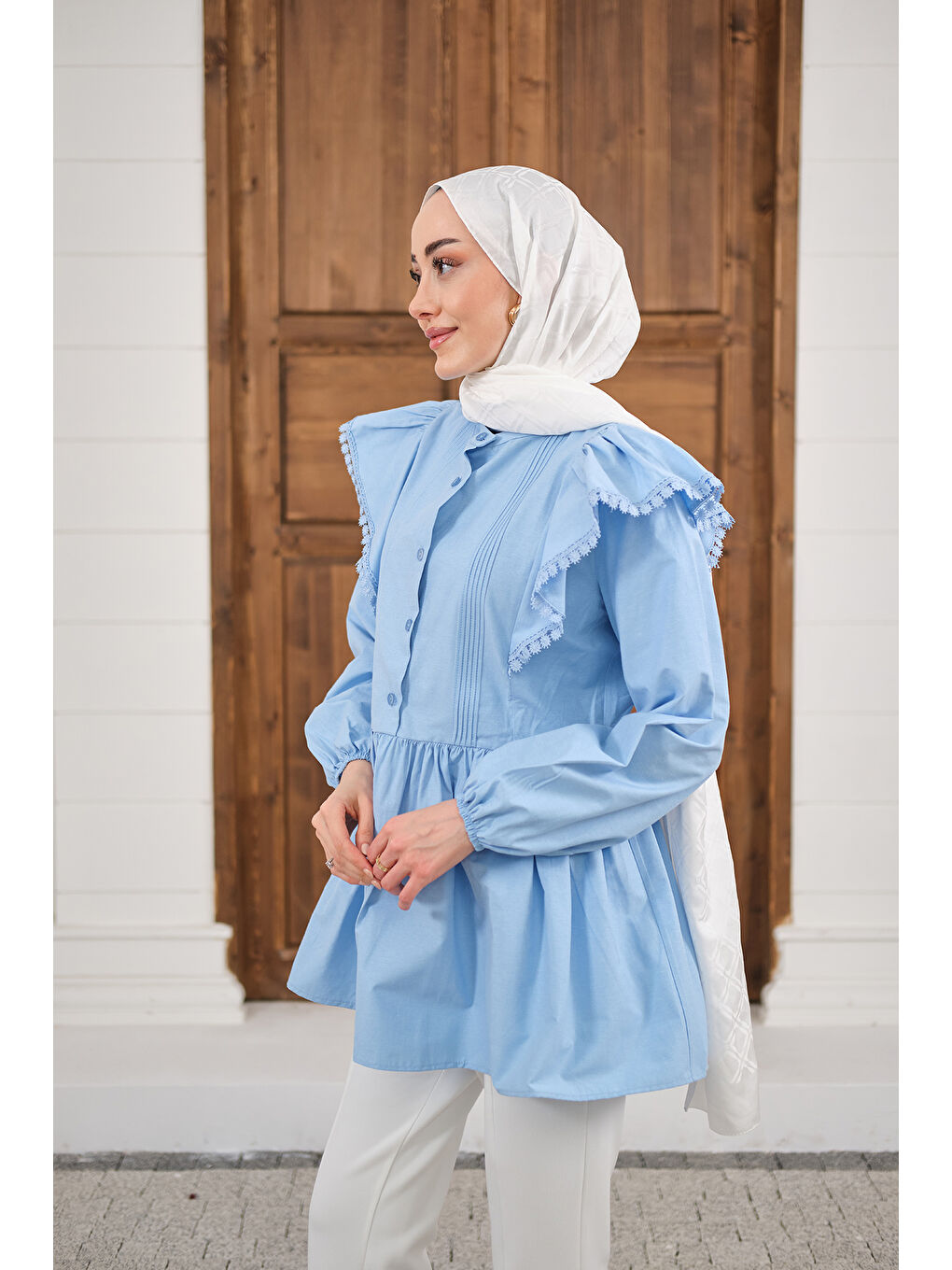 Kadın Bel Büzgülü Pile Detay Bisiklet Yaka Gömlek Bebe Mavi-4