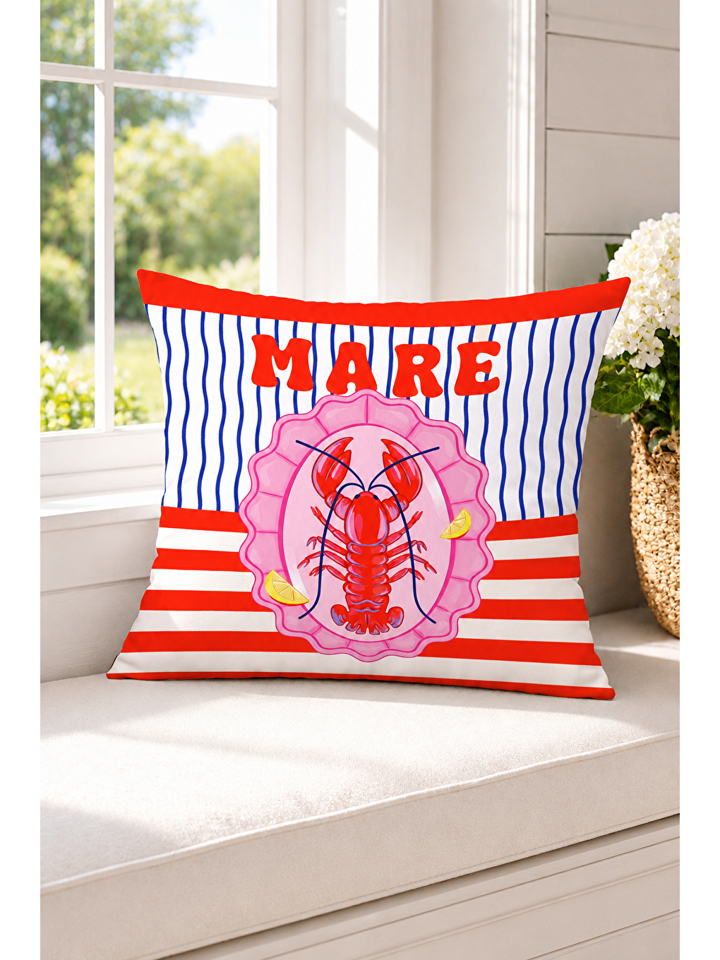 Beyaz Mare Istakoz Marin Desenli Dekoratif Kırlent Kılıfı Yazlık Akdeniz Dekoru 43x43 Cm-3