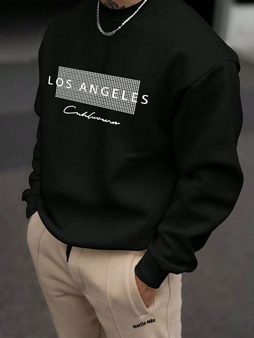 Erkek Siyah Node LosAngeles Baskılı Oversize Uzun Kollu Sweatshirt-1