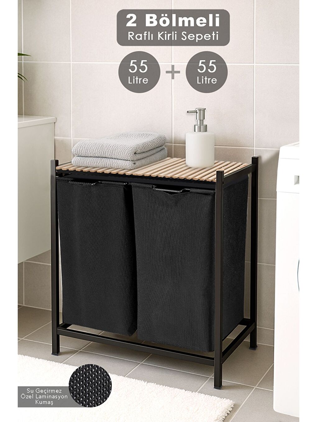 2 Bölmeli Ahşap Raflı Kirli Sepeti Büyük Boy Çamaşır Sepeti Banyo Düzenleyici 55 55 Litre Siyah