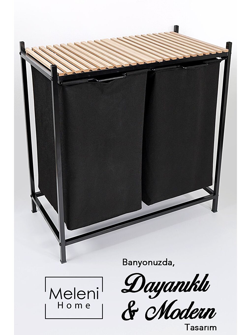 2 Bölmeli Ahşap Raflı Kirli Sepeti Büyük Boy Çamaşır Sepeti Banyo Düzenleyici 55 55 Litre Siyah-1