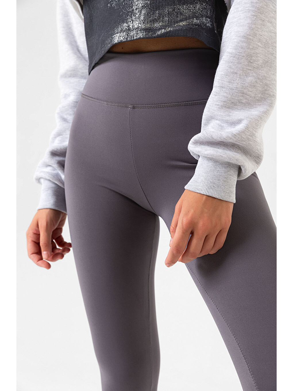 Gri Ekstra Yüksek Bel Toparlayıcı Karyoka Dikişli Kışlık içi Polar Push up Kadın Tayt @Simena-3