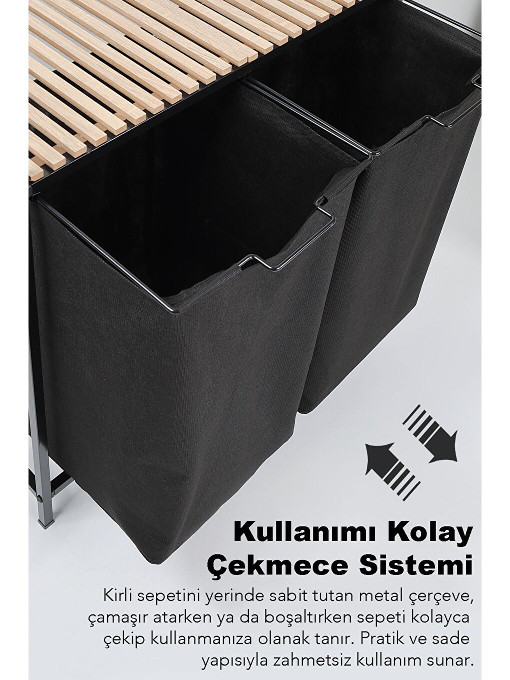 2 Bölmeli Ahşap Raflı Kirli Sepeti Büyük Boy Çamaşır Sepeti Banyo Düzenleyici 55 55 Litre Siyah-3