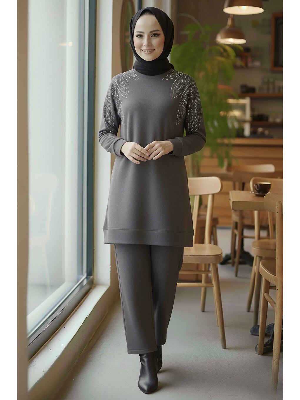 Gri Taş Detaylı Modal İkili Takım Füme - 28045-FUME-1