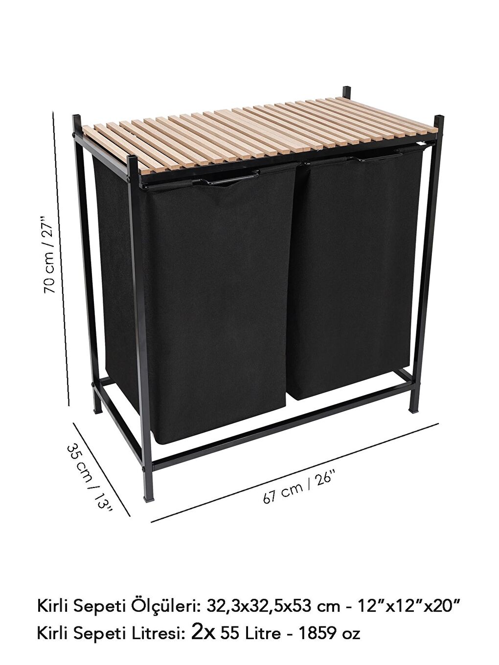 2 Bölmeli Ahşap Raflı Kirli Sepeti Büyük Boy Çamaşır Sepeti Banyo Düzenleyici 55 55 Litre Siyah-6