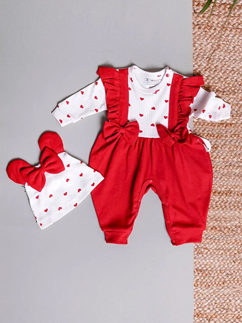 Kırmızı Kız Bebek  Kalpli Fiyonklu Şapkalı 2 Parça Tulum Seti Bayramlık-2
