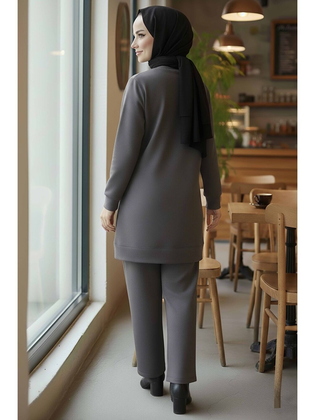 Gri Taş Detaylı Modal İkili Takım Füme - 28045-FUME-2