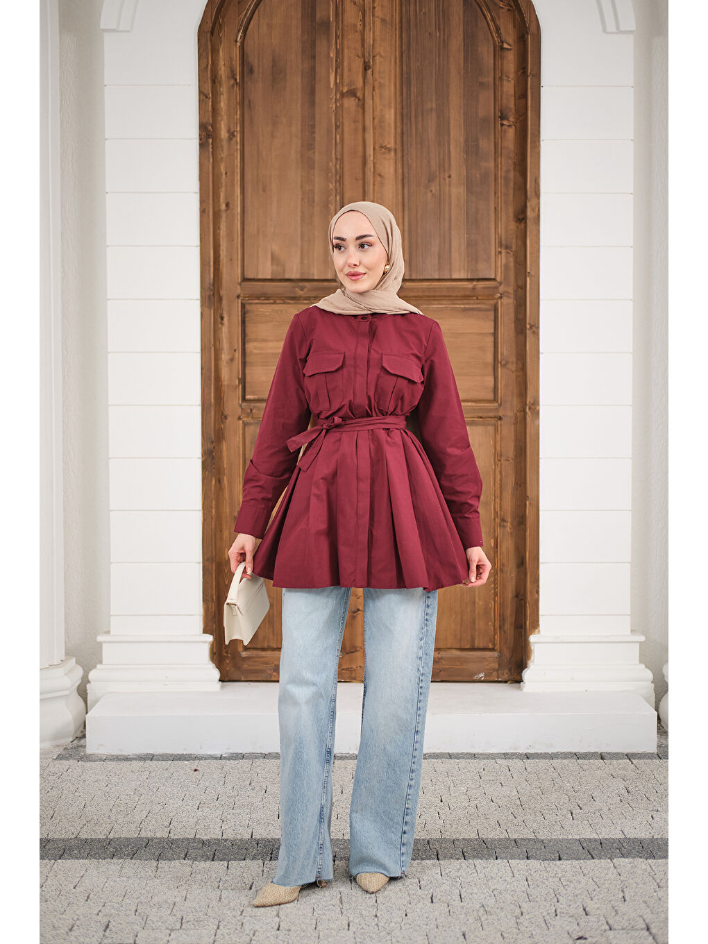 Kadın Çift Cep Detay Gizli Düğmeli Bel Bağlamalı Gömlek Bordo-1