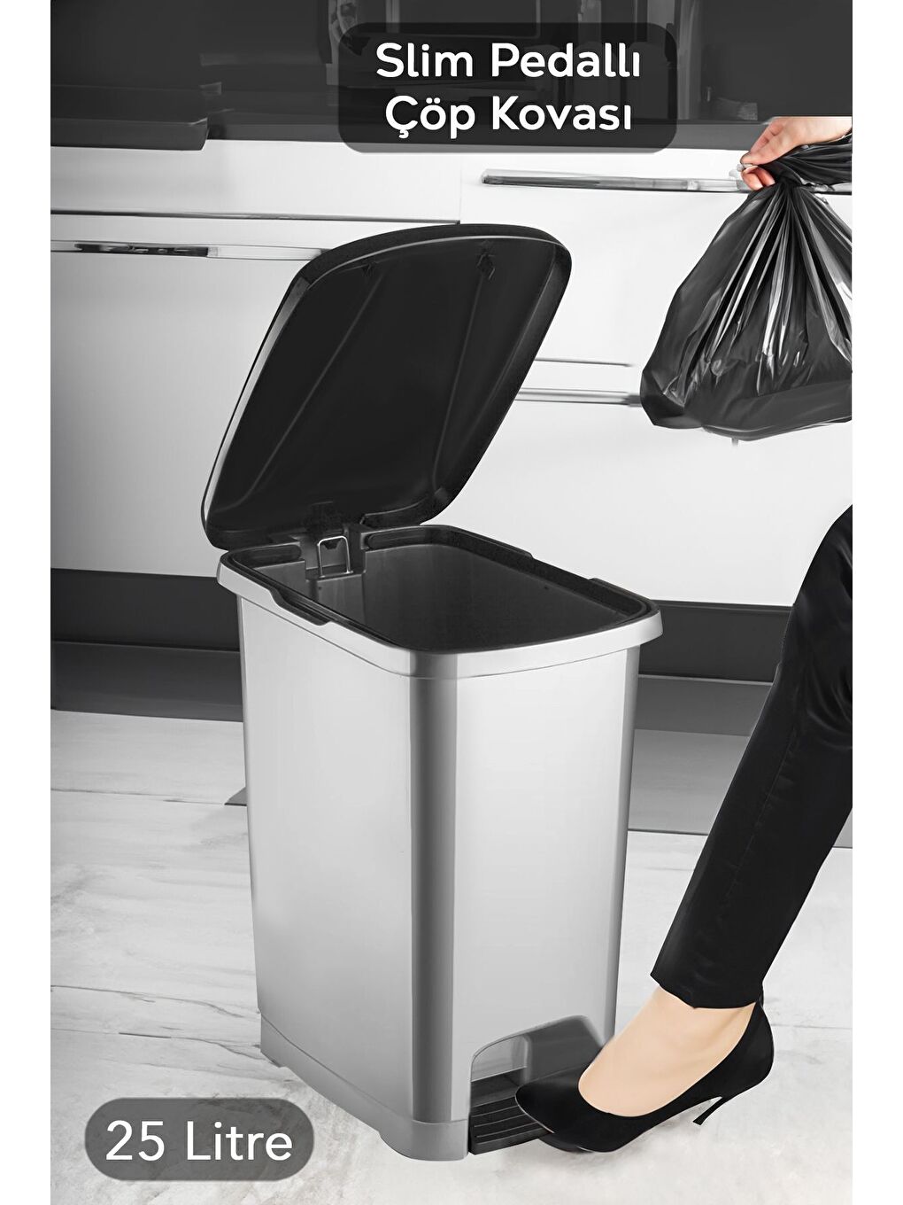 Pedallı Gri Banyo Mutfak Çöp Kovası Siyah Kapaklı Slim Pedallı Çöp Kovası 25Litre