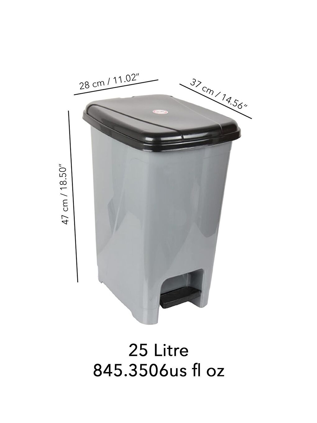 Pedallı Gri Banyo Mutfak Çöp Kovası Siyah Kapaklı Slim Pedallı Çöp Kovası 25Litre-3