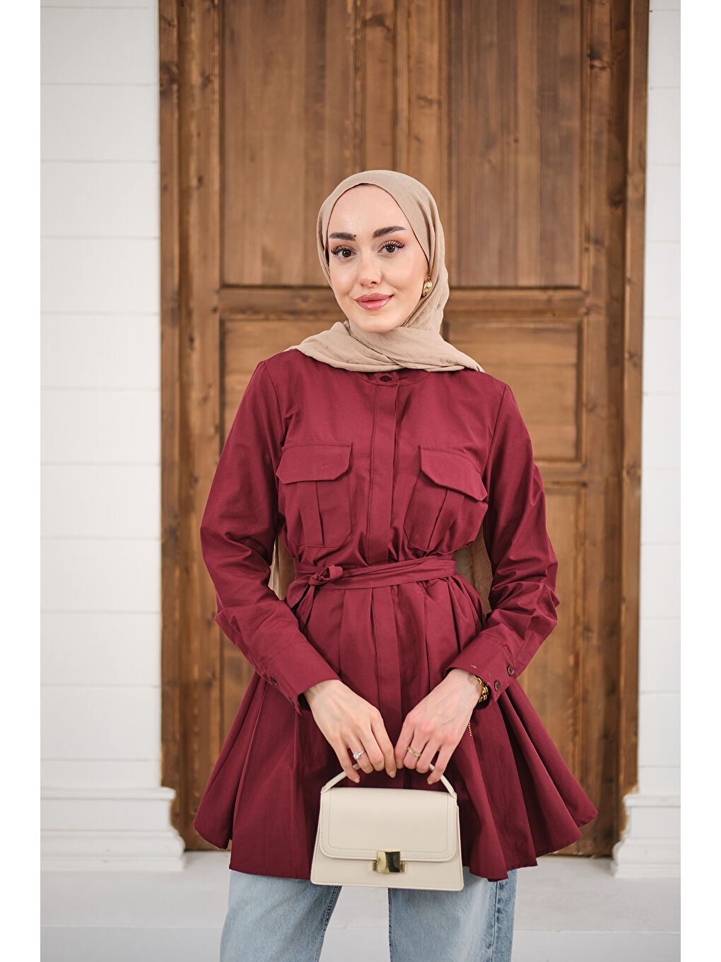 Kadın Çift Cep Detay Gizli Düğmeli Bel Bağlamalı Gömlek Bordo-2