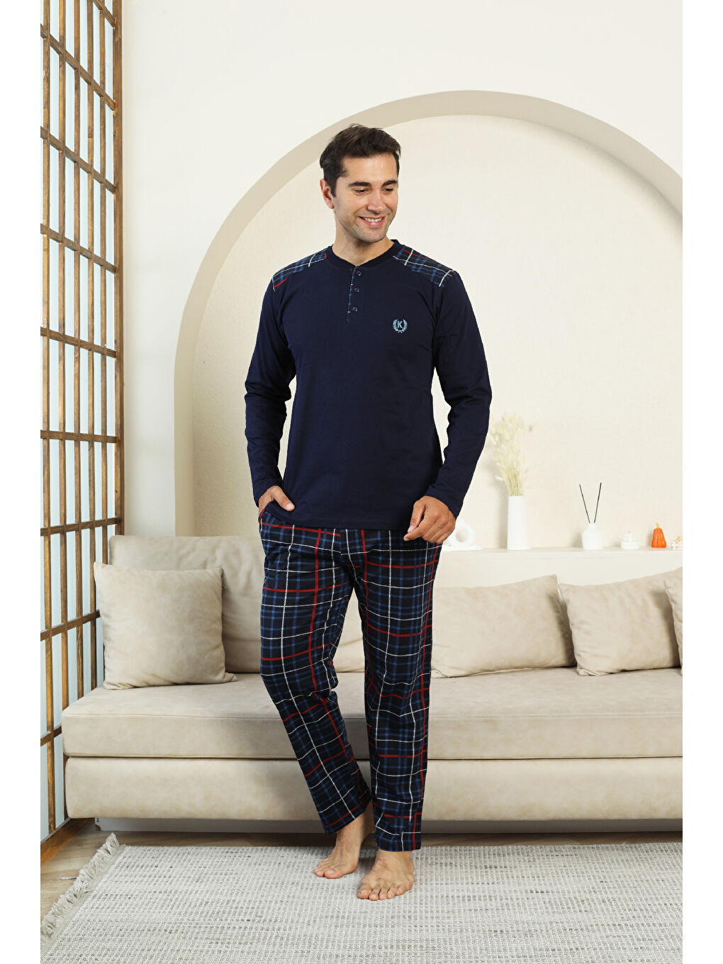 Lacivert Erkek %100 İnterlok Pamuk Kumaş Ekose Bloklu Pijama Takımı 12481