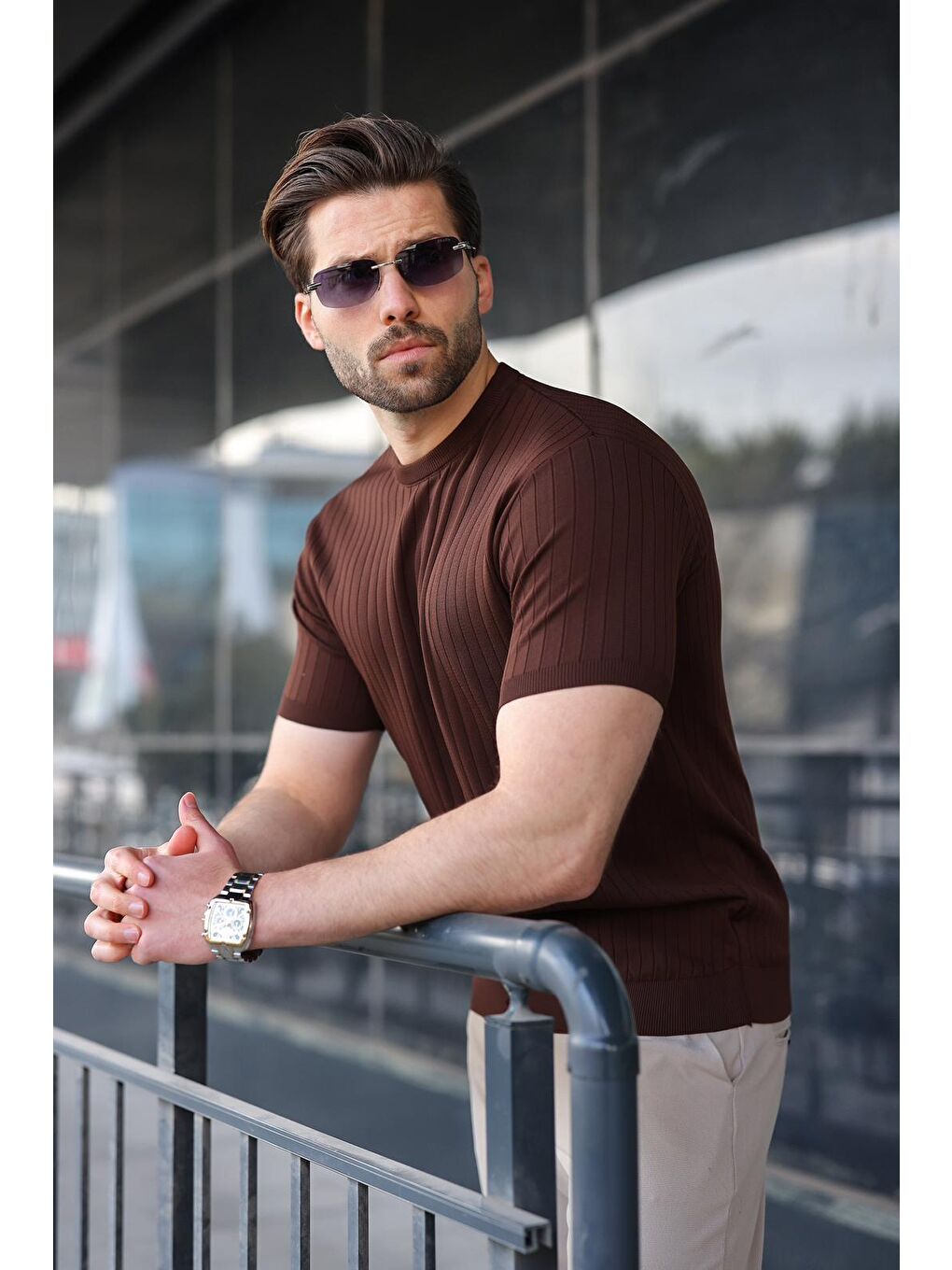 Kahverengi Bisiklet Yaka Triko Erkek Tişört E7460-2