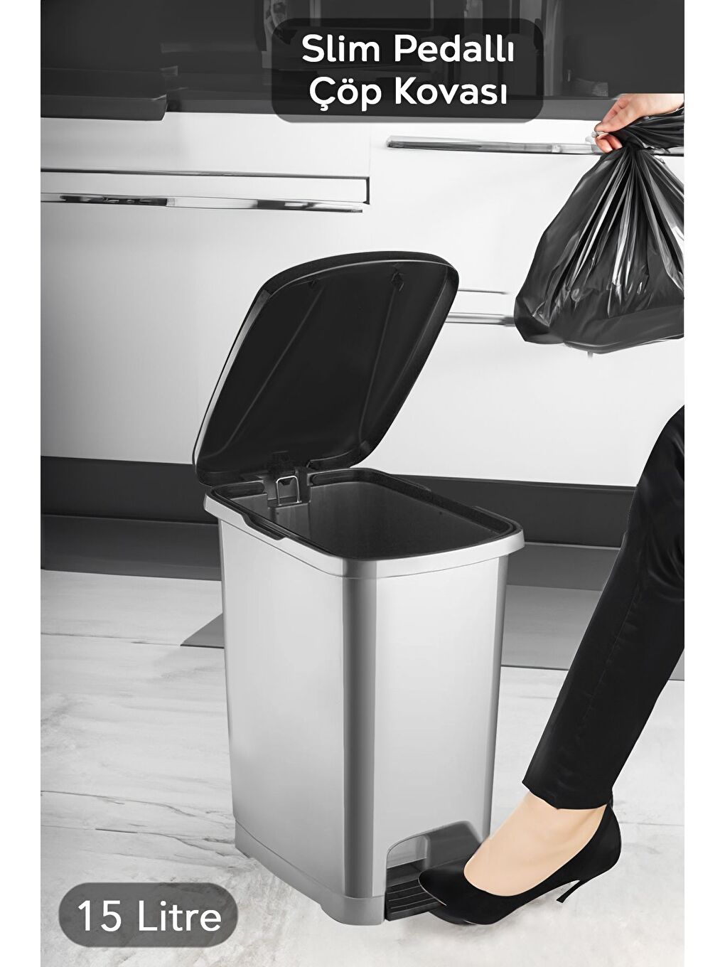 Pedallı Gri Banyo Mutfak Çöp Kovası Siyah Kapaklı Slim Pedallı Çöp Kovası 15 Litre