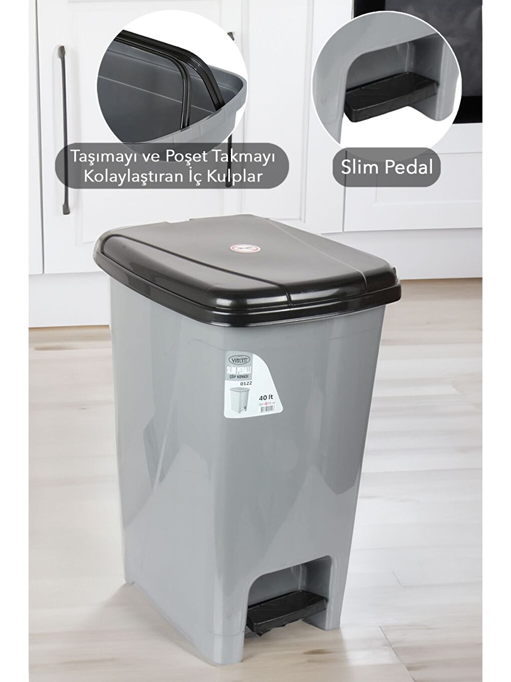 Pedallı Gri Banyo Mutfak Çöp Kovası Siyah Kapaklı Slim Pedallı Çöp Kovası 15 Litre-1