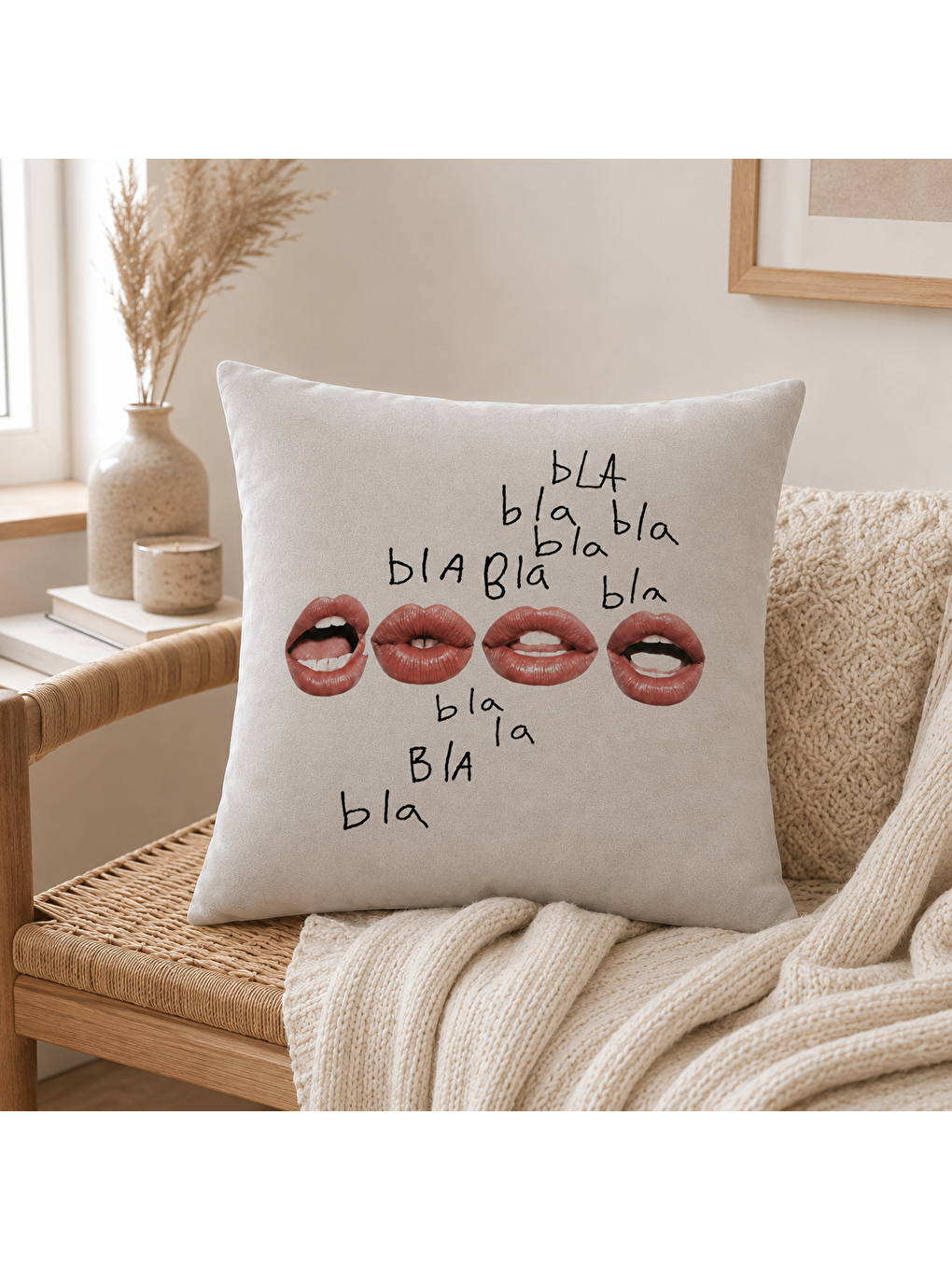 Bej Bla Bla Dudak Yazı Baskılı Pop Art Dekoratif Kırlent Kılıfı Modern Dekor 43x43 Cm-4