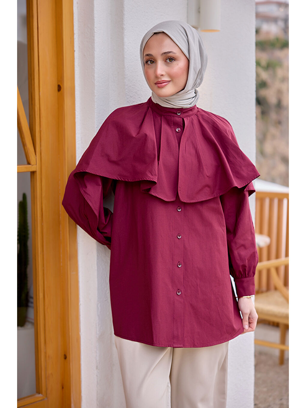 Kadın Balon Kol Çift Yaka Gömlek Bordo-1