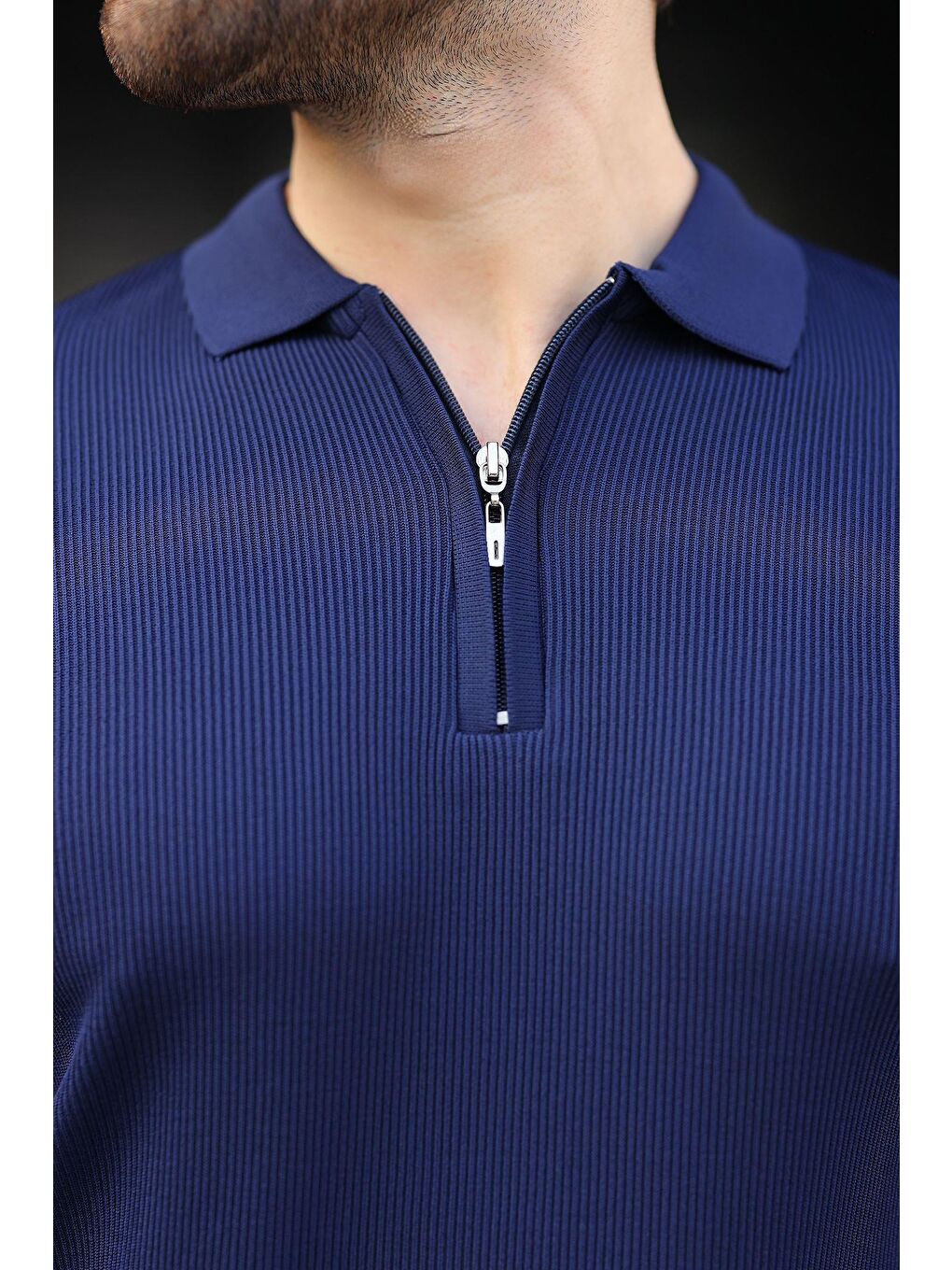 Lacivert Yarım Fermuarlı Polo Yaka Triko Erkek Tişört E74e59-1