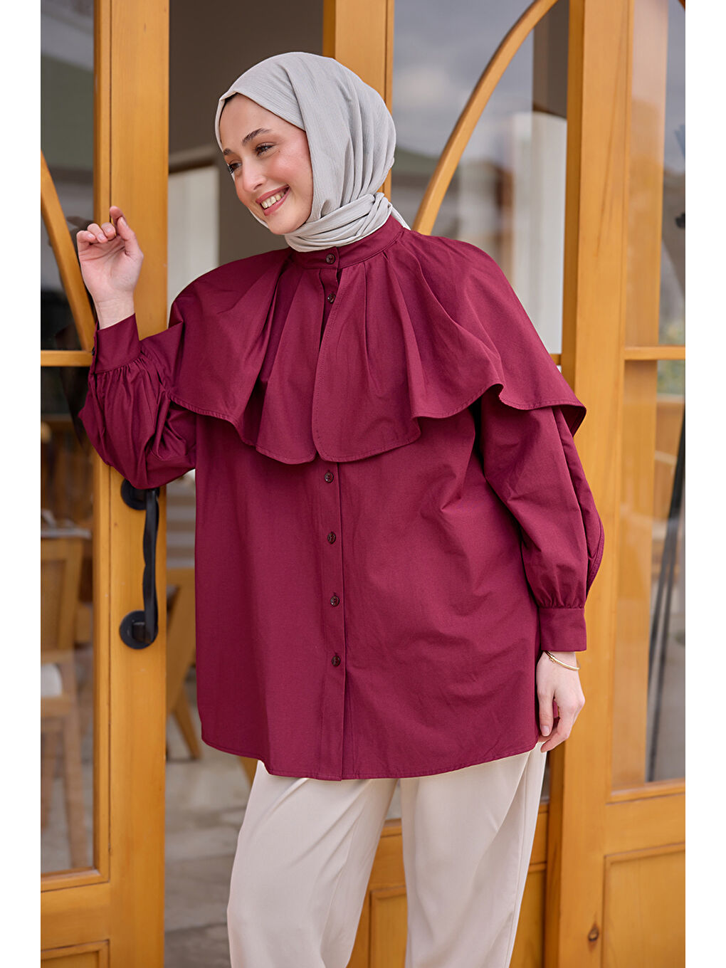 Kadın Balon Kol Çift Yaka Gömlek Bordo-2