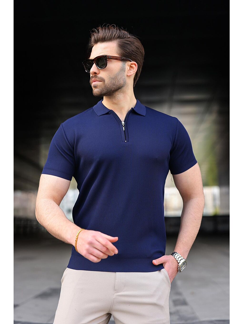 Lacivert Yarım Fermuarlı Polo Yaka Triko Erkek Tişört E74e59-2